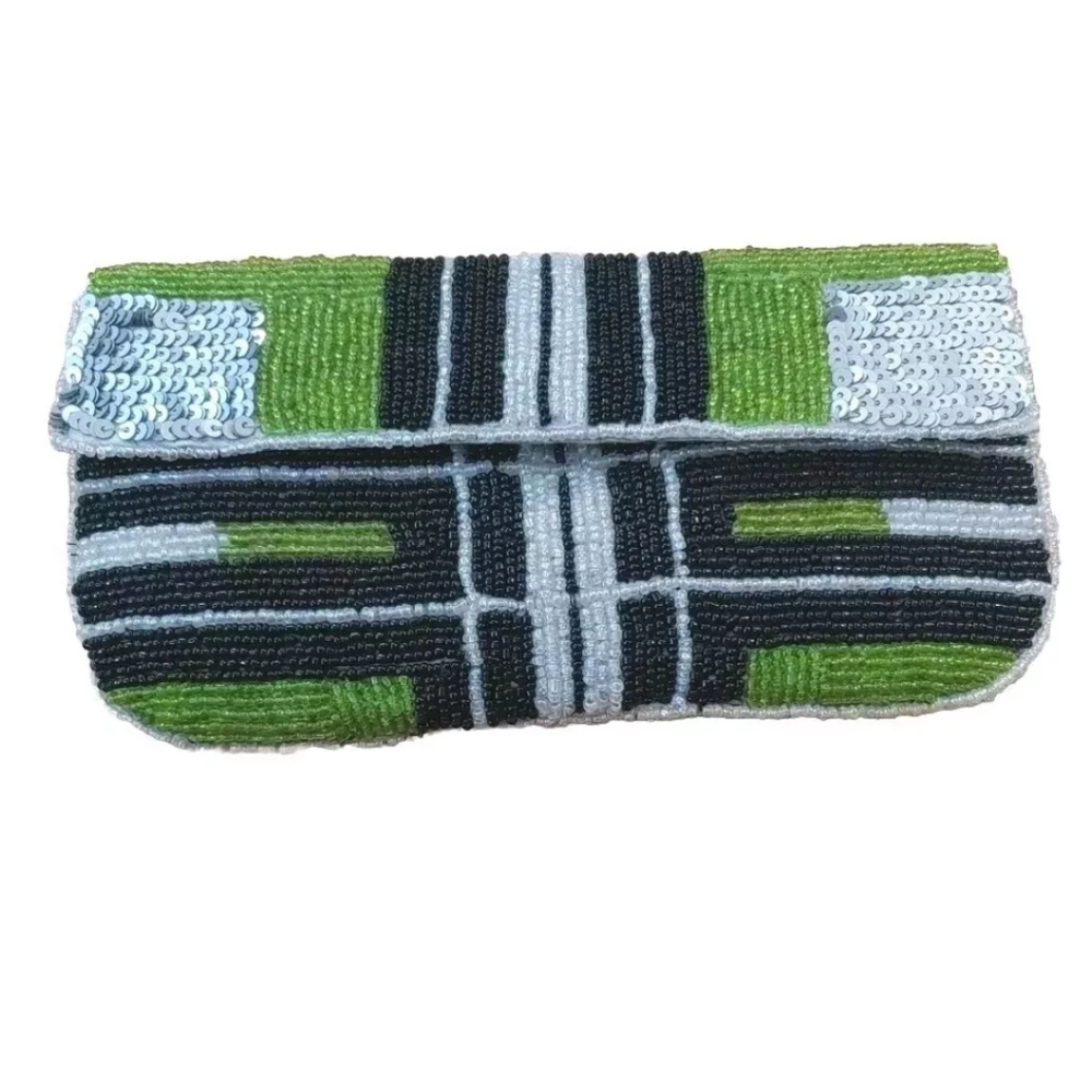 Anthropologie KC Malhan Beaded Green Sequins Fold Over Clutch Wallet Boho